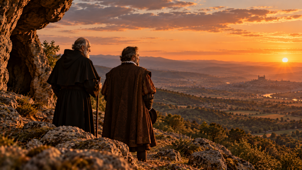uan de Mariana y el doctor Calderón contemplan el horizonte desde el Cerro de San Vicente, en El Piélago. Recreación artística con IA.