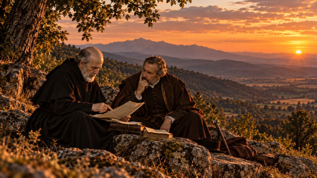 Juan de Mariana y el doctor Calderón durante su estancia en El Piélago en 1590. Recreación artística con IA.